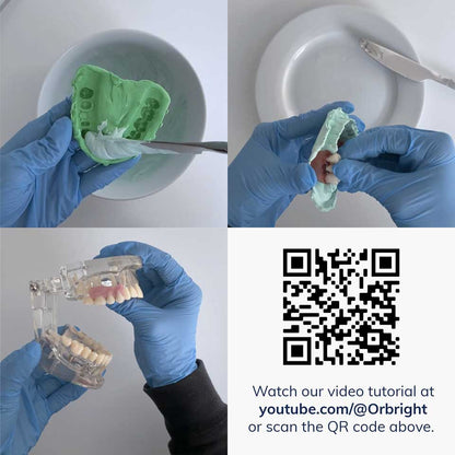 Collage of hands in blue gloves working with dental models and a QR code for a video tutorial.